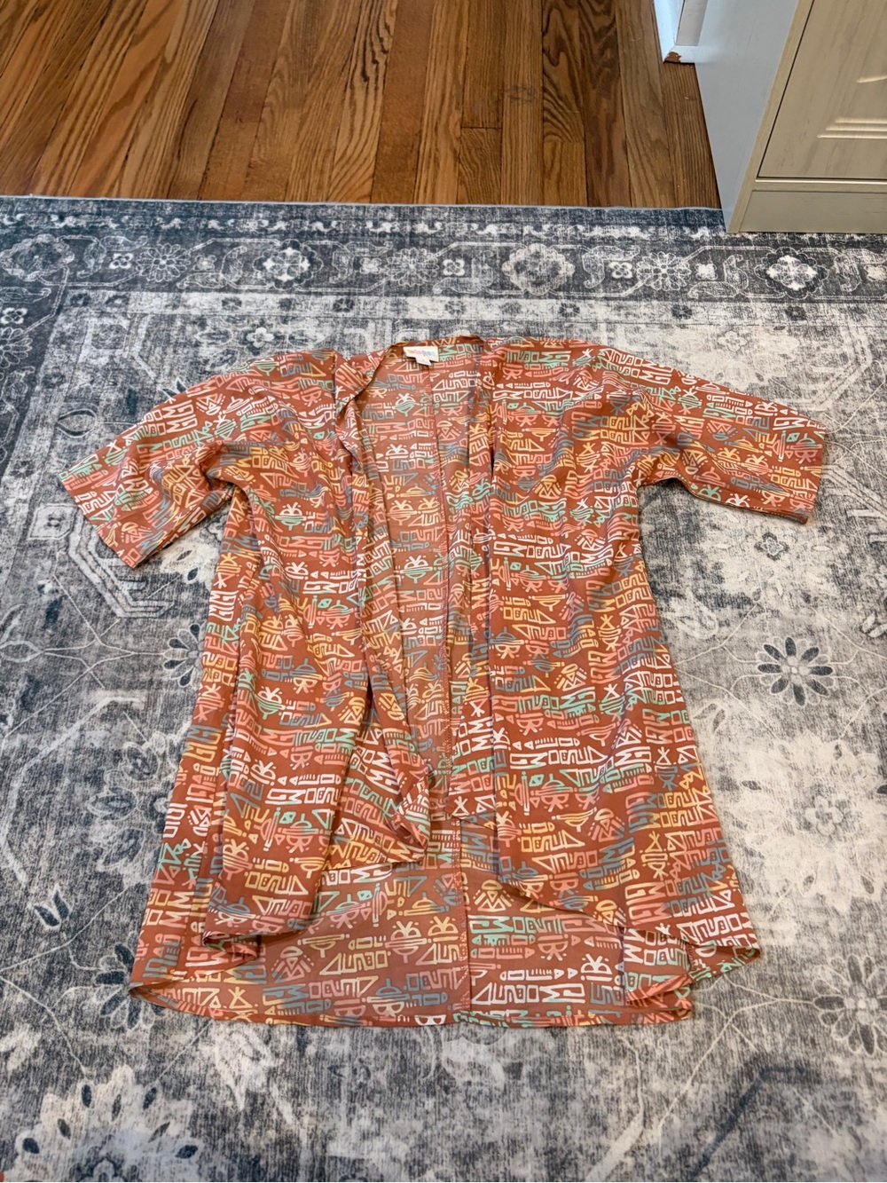 LuLaRoe Orange Geometric & Mint Open Front Shirt